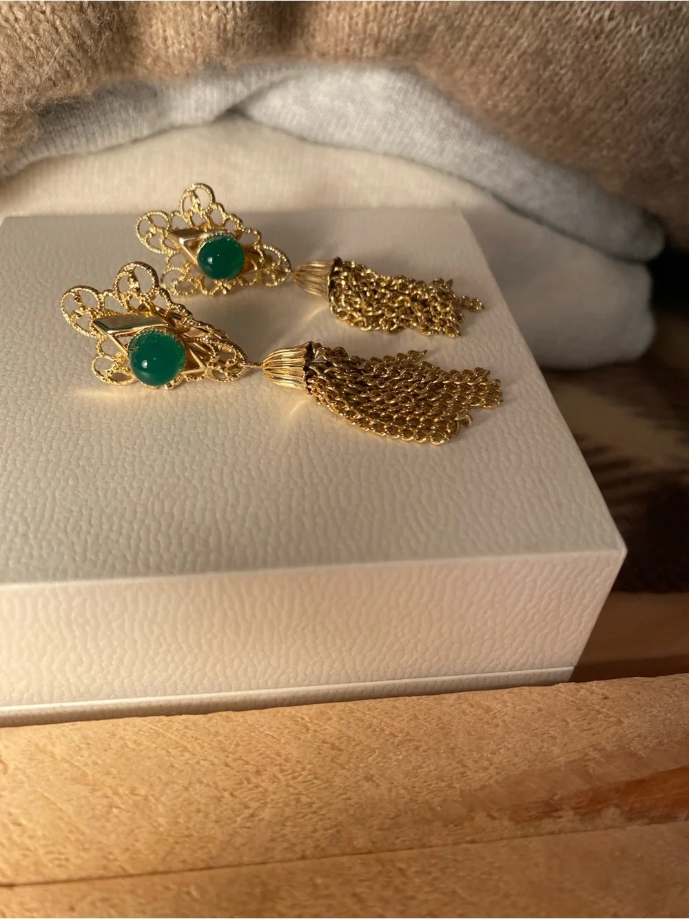 Gold Filigree Tassel Drop Earrings with Green Stone